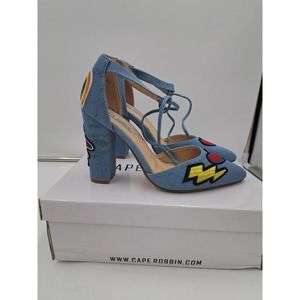 READ Cape Robbin Boho Western Denim Patches block high heel pointy toe Shoes 7